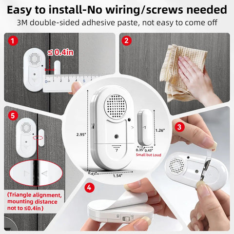 Installation steps for Door Window Alarms 5 Pack 125dB With Volume Control, showing adhesive placement and installation process.