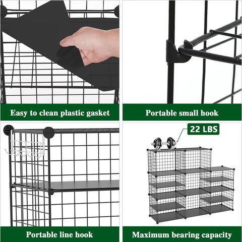 Interlocking Metal Wire Cube Storage Unit With Divider Design showing plastic panels, hooks, and maximum weight capacity label at 22 lbs.