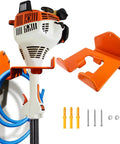 Heavy Duty Weedeater Wall Hanger Rack holding a trimmer, shown with screws, anchors, and gaskets for durable garage storage hook mount.