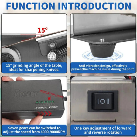 Mini Belt Sander Machine Tool With Polishing And Grinding Wheels Adjustable Worktable 7-Speed Varying From 4000 To 9000 Rpm control panel with grinding angle and indicator.