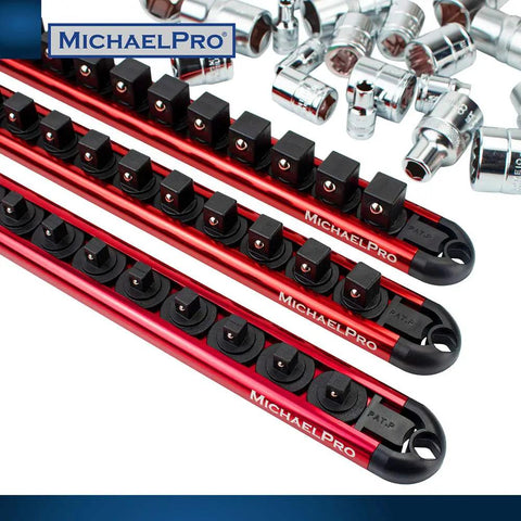 Heavy Duty Aluminum Socket Organizer Rail Set For One Quarter Inch Drive Sockets, Three Eighths Inch Drive Sockets, And One Half Inch Drive Sockets Holds Up To Forty Six Sockets Portable 15 Inch Rail Keeps Your Tool Kit Neat, Ready To Roll, three red and black rails with scattered sockets.
