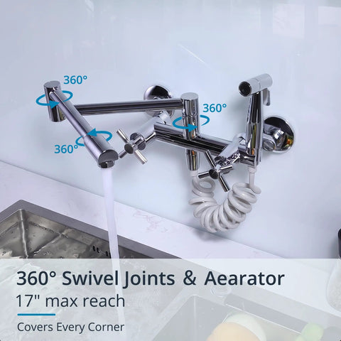 Wall Mount Kitchen Faucet With 360 Degree Rotating Spout Folding Design 17 Inch Reach Side Sprayer And 2 Handle Pot Filler
