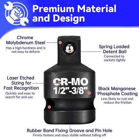Image of the Half Inch Female To Three Eighths Inch Male Impact Socket Adapter Reducer Set Two Pack Heavy Duty Chrome Molybdenum Steel Driver Conversion Adapters For Sockets And Impact Wrench with labeled features.