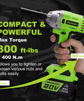 Cordless One Half Inch Impact Wrench Kit with 300 foot pounds torque, brushless 20V power by COMOWARE, in hand, overlaid text.