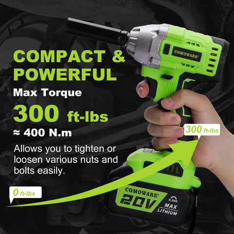 Cordless One Half Inch Impact Wrench Kit with 300 foot pounds torque, brushless 20V power by COMOWARE, in hand, overlaid text.