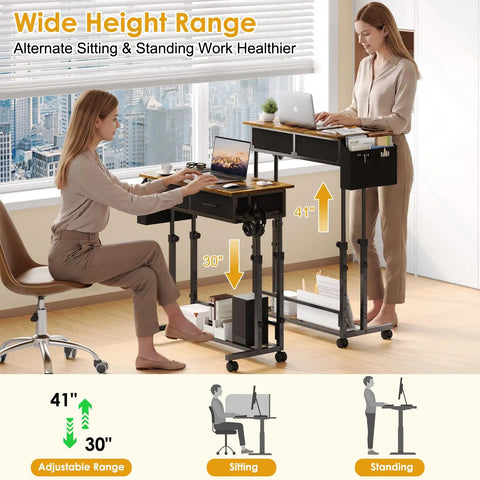 Rolling Height Adjustable Standing Desk On Wheels With Two Fabric Drawers And Storage Shelf Side Pocket And Hook Portable Laptop Table for Home Office Or Small Spaces 31.4 In By 15.7 In Rustic Brown used in a modern office setting showing height adjustment feature.