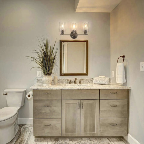 Modern bathroom with Three Light Bathroom Vanity Light In Brushed Nickel Finish With Clear Glass Shades Wall Mounted Over Mirror Hardwired Bath Light Fixtures Easy Up Or Down Installation