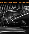 Beefed Up Shifter Linkage For Harley Touring Models 1986 To 2024 With Extended Reach Forward Controls black metal linkage on Harley engine