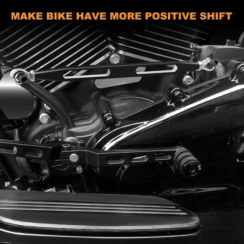 Beefed Up Shifter Linkage For Harley Touring Models 1986 To 2024 With Extended Reach Forward Controls black metal linkage on Harley engine