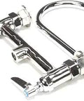 Chrome deck mounted double pantry faucet with lever handles, 8 inch centerset, swivel base, 1/2 inch IPS inlets for foodservice.