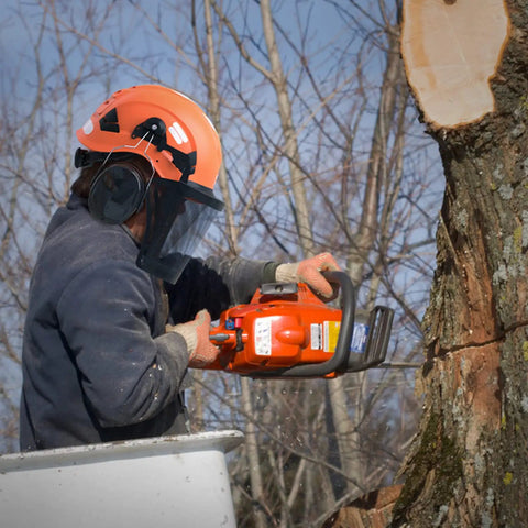 Worker wearing Chainsaw Helmet With Anti Fog Goggles And Adjustable Metal Mesh Visor, Forestry Safety Gear Protective Helmet With Eye Protection.