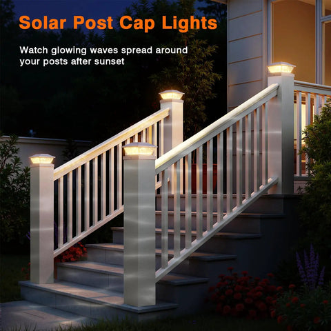 Six Pack Solar Post Cap Lights For Outdoor Fence And Deck With Two Color Modes illuminating stairs at night