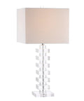 28 Inch Clear Geometric Stacked Crystal Table Lamp With White Linen Shade Modern Glam Bedside Light For Living Room Or Bedroom LED Bulb Included ETL Listed