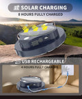 Ultra Bright Portable Camping Lantern With 5000 Lumen Led Light, 30W Power, Magnetic Base, Rechargeable 5200mAh Battery, IPX4 Waterproof showing solar and USB charging options.