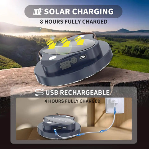 Ultra Bright Portable Camping Lantern With 5000 Lumen Led Light, 30W Power, Magnetic Base, Rechargeable 5200mAh Battery, IPX4 Waterproof showing solar and USB charging options.