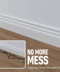 Quick Fix On Wall Cable Raceway And Surface Mount Wire Cover For Slick Home Organization Featuring No Fuss Peel And Stick Installation In Paintable White, showing installed wire cover along baseboard.