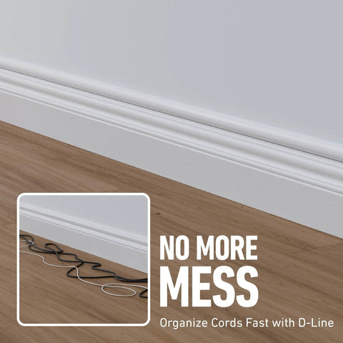 Quick Fix On Wall Cable Raceway And Surface Mount Wire Cover For Slick Home Organization Featuring No Fuss Peel And Stick Installation In Paintable White, showing installed wire cover along baseboard.