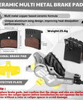 Four Piston Hydraulic Mountain Bike Disc Brake Set With Ceramic Pads Front 835mm And Rear 1550mm Lines Pre Bled Badass Stopping Power For Mountain Bikes And E Bikes showing ceramic multi metal brake pads and protective plate.