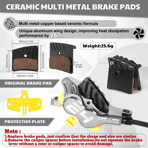 Four Piston Hydraulic Mountain Bike Disc Brake Set With Ceramic Pads Front 835mm And Rear 1550mm Lines Pre Bled Badass Stopping Power For Mountain Bikes And E Bikes showing ceramic multi metal brake pads and protective plate.