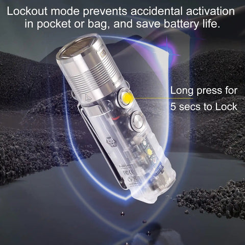 EDC USB C Rechargeable Flashlight with 1000 Lumen Output and 6500K Cool White, lockout mode demonstration, overlaid on landscape.