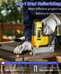 Heavy Duty 18 Gauge Cordless Brad Nailer And Electric Staple Gun Delivers Killer Brushless Performance For Precision Diy Woodworking Battery Powered Dual Function Nailing Tool Includes One Thousand Nails Ready To Roll Right Away, close-up of tool in use.