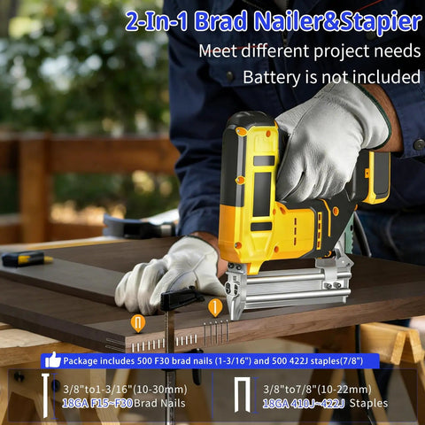 Heavy Duty 18 Gauge Cordless Brad Nailer And Electric Staple Gun Delivers Killer Brushless Performance For Precision Diy Woodworking Battery Powered Dual Function Nailing Tool Includes One Thousand Nails Ready To Roll Right Away, close-up of tool in use.