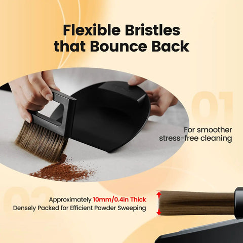 Mini Coffee Bar Brush And Dustpan Set With Magnetic Dust Pan Soft Bristle Hand Broom in action sweeping powder.