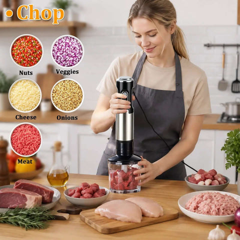 Heavy Duty Stainless Steel Immersion Blender With Turbo Control And Versatile Attachments For No Sweat Smoothie Blending Silky Soups Creamy Shakes And Easy Kitchen Work in use chopping ingredients.