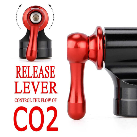 Close-up of release lever on CO2 Inflator Kit With Five 16g CO2 Cartridges Presta And Schrader Valve Compatible Portable Bike Tire Pump