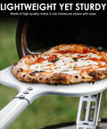 Front view: 12-inch aluminum perforated pizza peel with white paddle for outdoor ovens