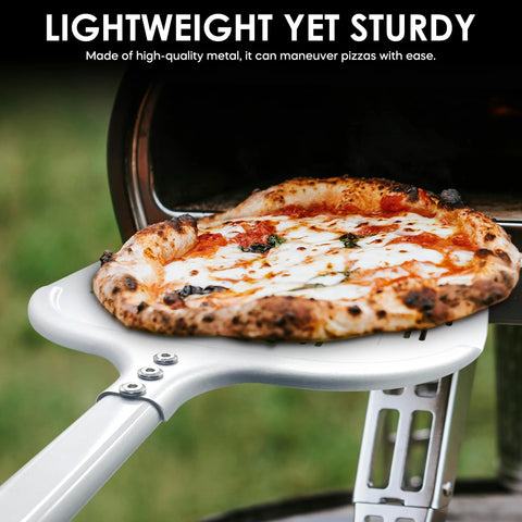Front view: 12-inch aluminum perforated pizza peel with white paddle for outdoor ovens