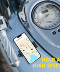 Heavy Duty Rugged Magnetic Phone Mount Holder With Hella Strong 50 Lbs Pull Force Magnet Clamp on a motorcycle, showing GPS map.