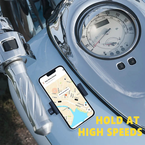 Heavy Duty Rugged Magnetic Phone Mount Holder With Hella Strong 50 Lbs Pull Force Magnet Clamp on a motorcycle, showing GPS map.