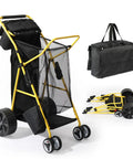 Heavy Duty Beach Cart With 11 Inch Solid Wheels, yellow frame, foldable with cooler bag and netting, shown assembled and folded.