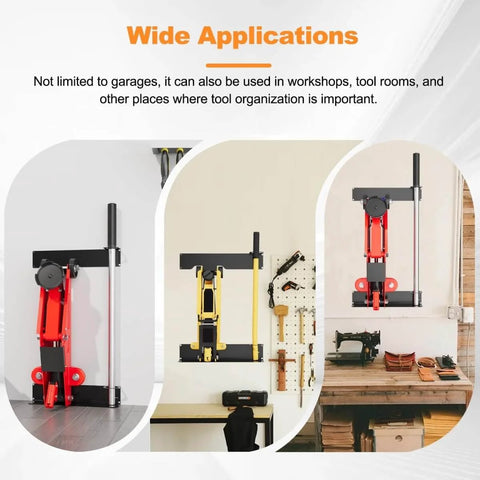Wall Mounted Floor Jack Stand Storage For Racing Jacks 1.5 To 3 Tons, Universal Wall Rack Mount Brackets, installed in workshop