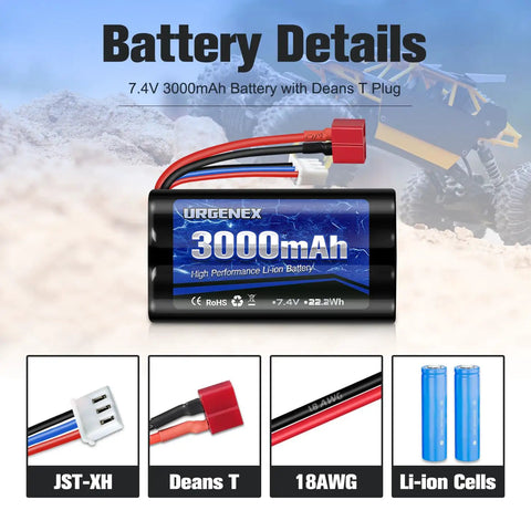 Image showing 7.4V 3000mAh High Capacity Li ion RC Battery with Dean T Plug, details on JST-XH connectors and Li-ion cells.