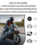 Text and graphic highlighting benefits of Fork Seal Cleaner Tool 45-55mm For Motorcycle Front Forks Orange with rider image.