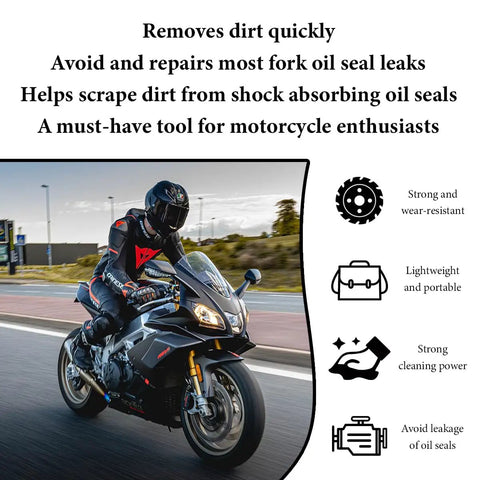 Text and graphic highlighting benefits of Fork Seal Cleaner Tool 45-55mm For Motorcycle Front Forks Orange with rider image.