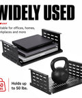 Slick Under Desk Computer Mount Bracket For Small Form Factor PCs And Gaming Rigs That Will Kick Clutter To The Curb While Upgrading Your Home Office Setup And Keeping Gear Securely Fastened, featuring compact black steel design holding laptops and weights.