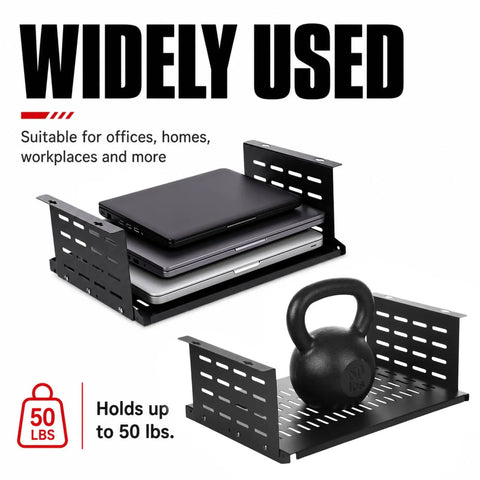 Slick Under Desk Computer Mount Bracket For Small Form Factor PCs And Gaming Rigs That Will Kick Clutter To The Curb While Upgrading Your Home Office Setup And Keeping Gear Securely Fastened, featuring compact black steel design holding laptops and weights.