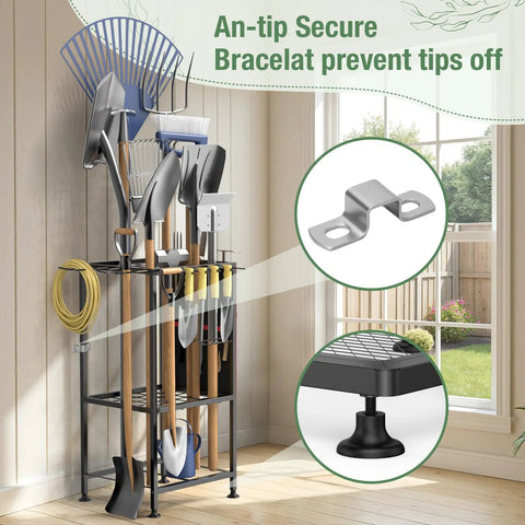Metal Yard Tool Organizer With Side Pocket And Six Pockets Holds 50 Long Handled Tools, Rakes And Brooms in steel rack indoors