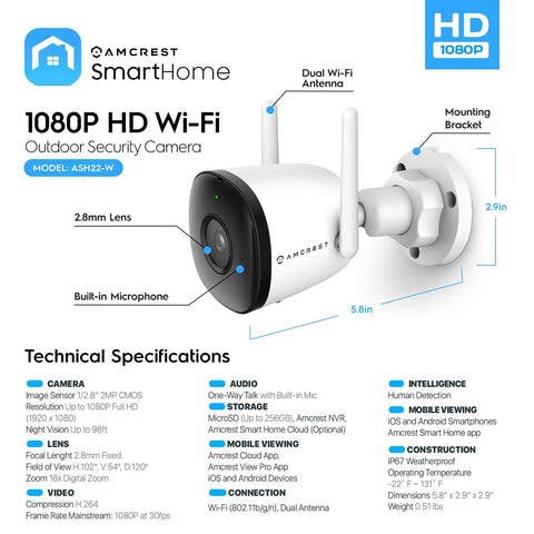1080P Outdoor WiFi Security Cam With 102 Degree Field Of View, 98ft Night Vision, Built-In Mic, 2MP Bullet IP Surveillance for Smart Home