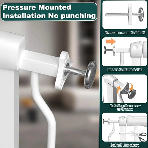 Close-up of pressure-mounted bolts for Walk Through Baby Gate With Door, Adjustable 29.5 To 52.5 Inch Wide, Metal Auto-Close Gate