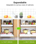 Two Pack Expandable Pull Out Cabinet Organizers 21 Inch Deep Skip The Drilling With Stick Tight Nano Tape Slide Out Drawer Shelves Adjustable Width Fits Framed Cabinets Kitchen Pantry showing expandable shelves.