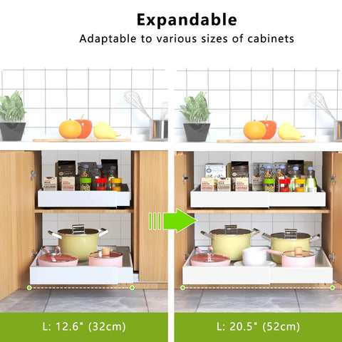 Two Pack Expandable Pull Out Cabinet Organizers 21 Inch Deep Skip The Drilling With Stick Tight Nano Tape Slide Out Drawer Shelves Adjustable Width Fits Framed Cabinets Kitchen Pantry showing expandable shelves.