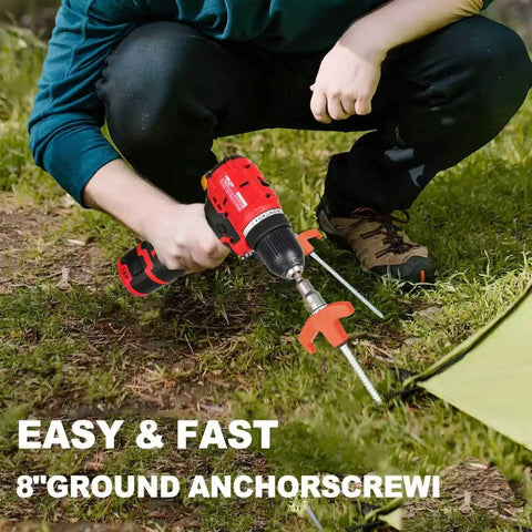 Person using drill with Heavy Duty 20 Pack Screw In Tent Stakes 8 Inch Ground Anchors With Hex Head Driver in grass.