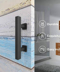 10 Inch Sliding Barn Door Pull Handle Set With Flush Hardware, Double Sided, Heavy Duty Square Design, Matte Black Powder Coated