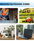 Collage showing 25 Foot Lighted Outdoor Extension Cord With 3 Prong Grounded Plug in various settings, both indoor and outdoor use.