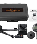 Neoteck digital dial indicator gauge with magnetic base, black; front view with storage case.