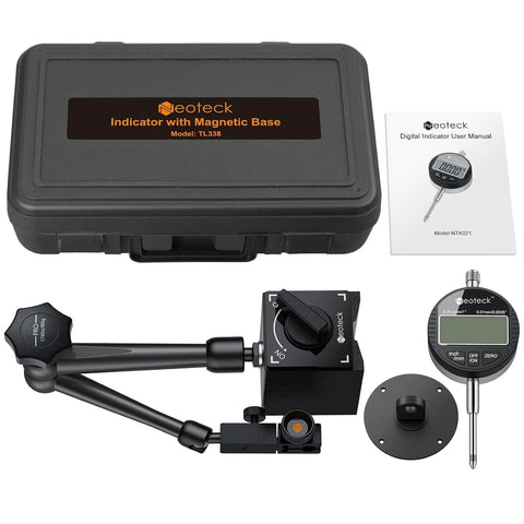 Neoteck digital dial indicator gauge with magnetic base, black; front view with storage case.